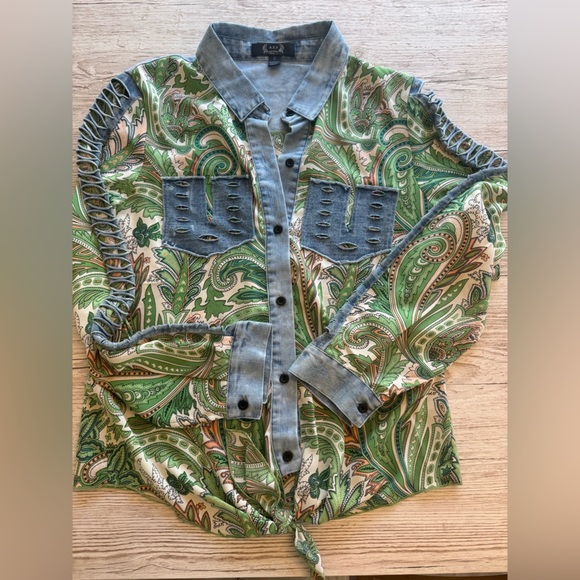 A.Z.I. New York Paisley Denim Chiffon Lattice Open Long Sleeve button Down Top S - Picture 6 of 15